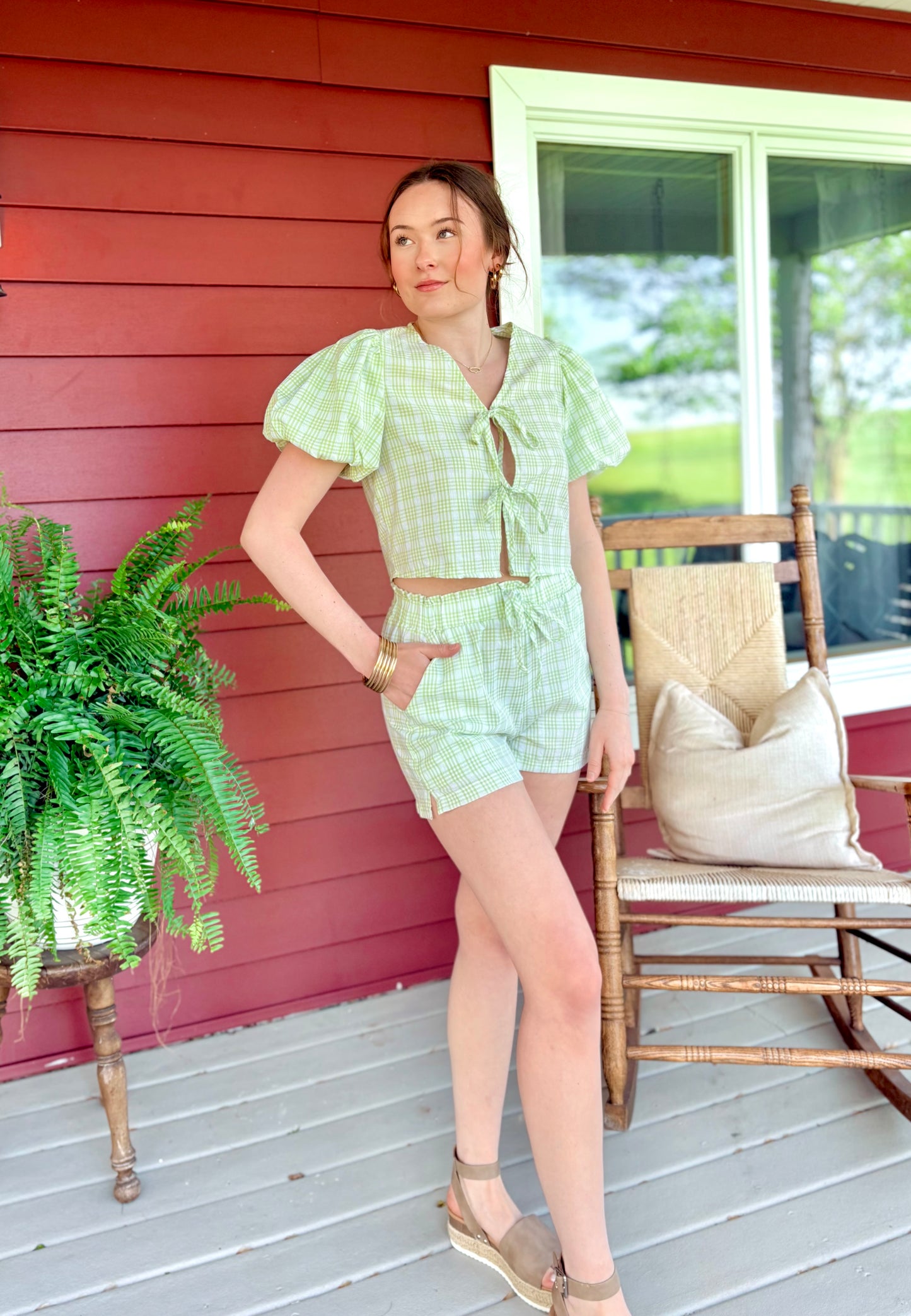 Cutie Plaid Tie Top | Lime Green & White