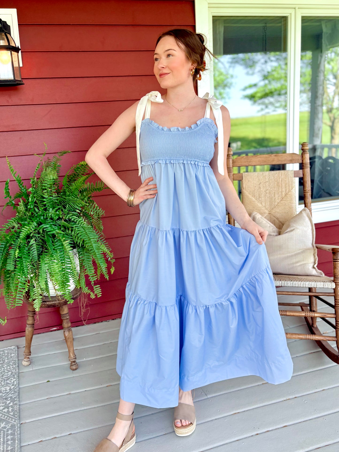 Lindy Tie Maxi Dress | Light Blue & Cream