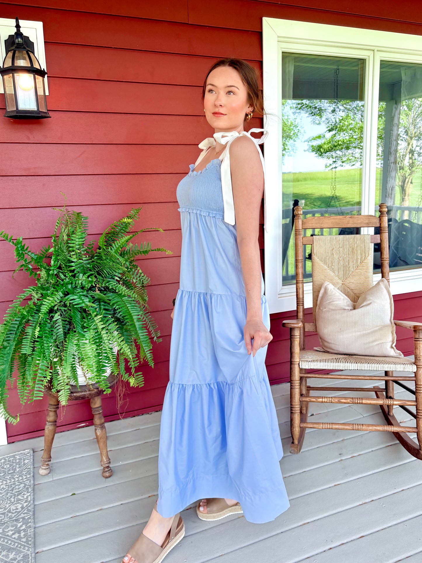 Lindy Tie Maxi Dress | Light Blue & Cream