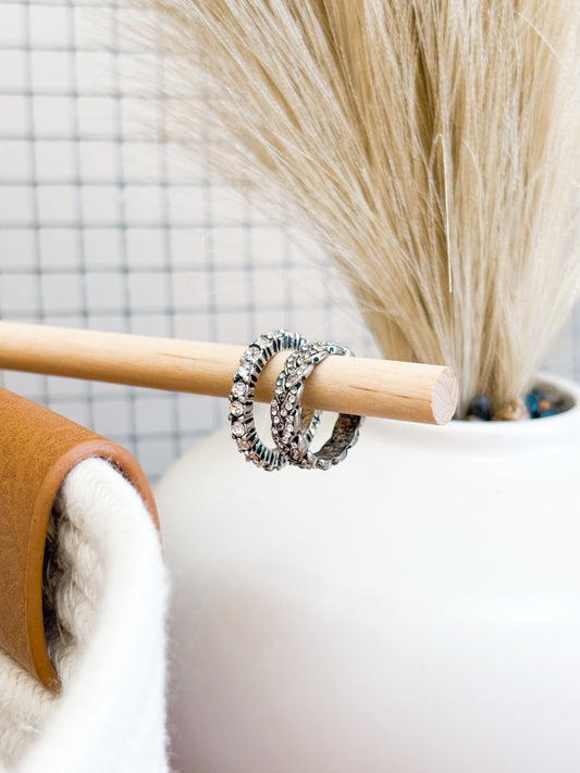 Rustic Rhinestone Ring Stack | Silver
