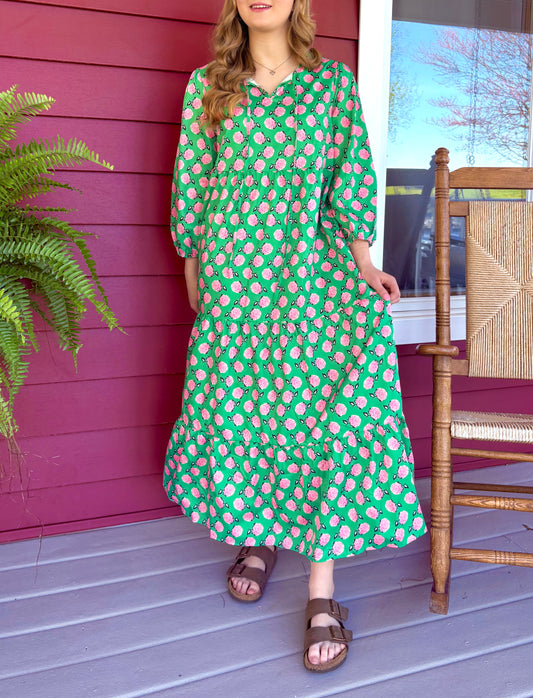 Bohemian Floral Maxi Dress | Green & Pink