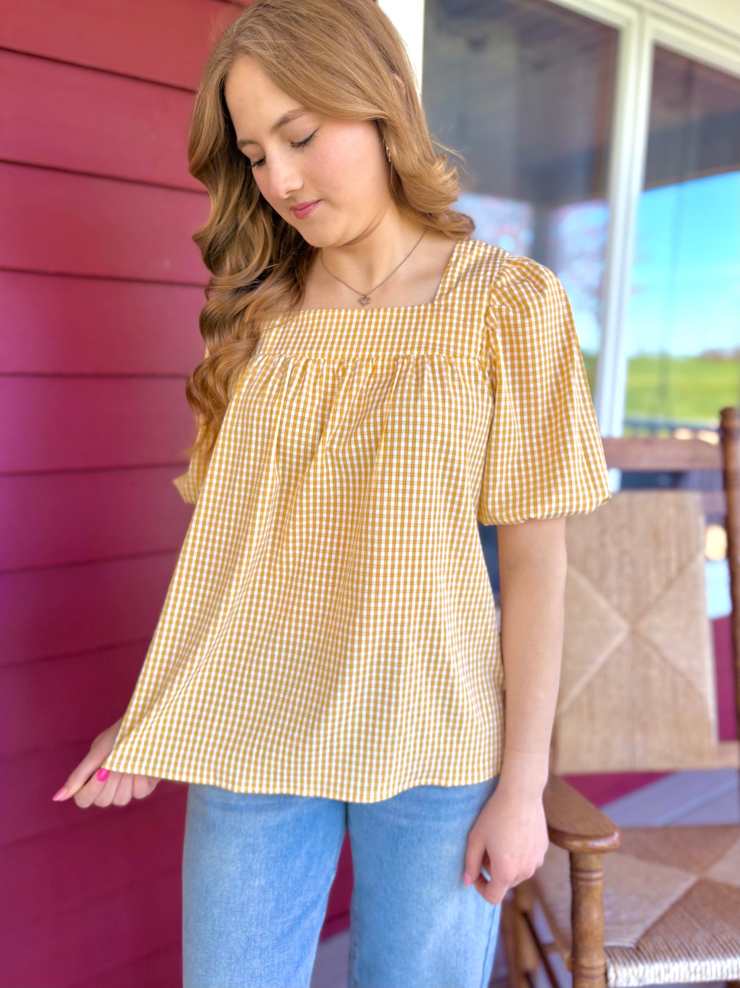 Gingham Puff Sleeve Top | Yellow
