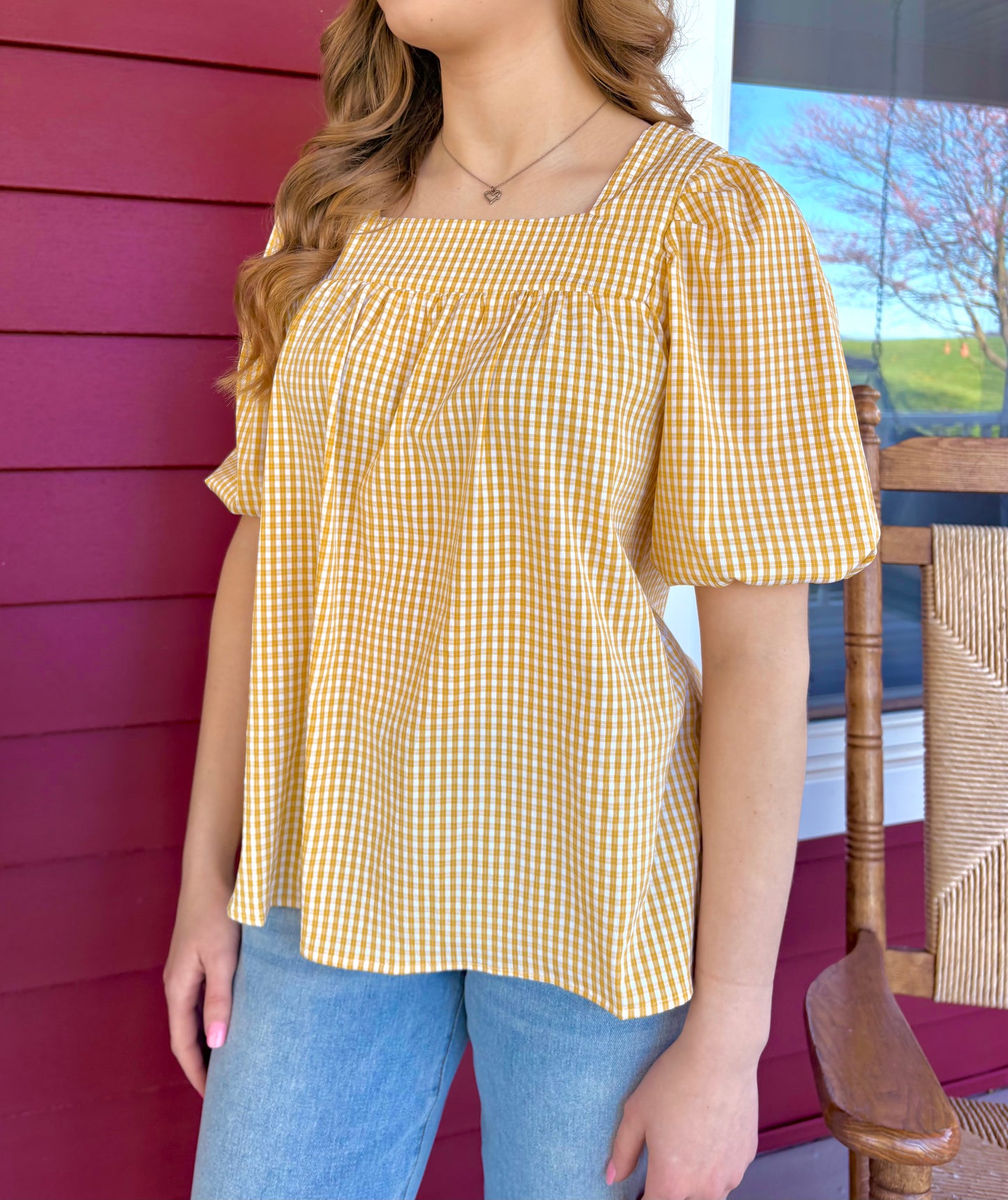 Gingham Puff Sleeve Top | Yellow