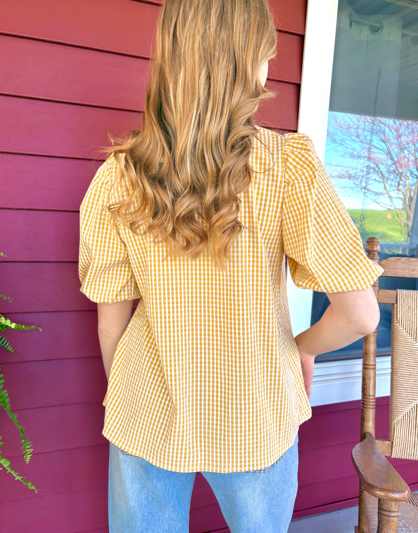 Gingham Puff Sleeve Top | Yellow