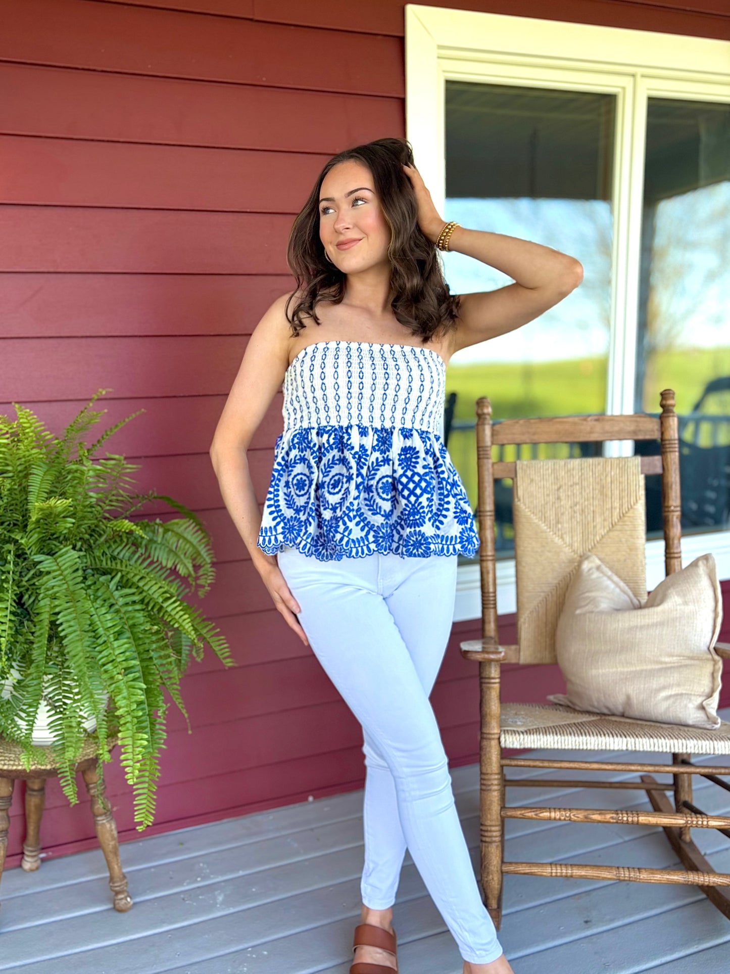 Toile Embroidered Top | Blue & White