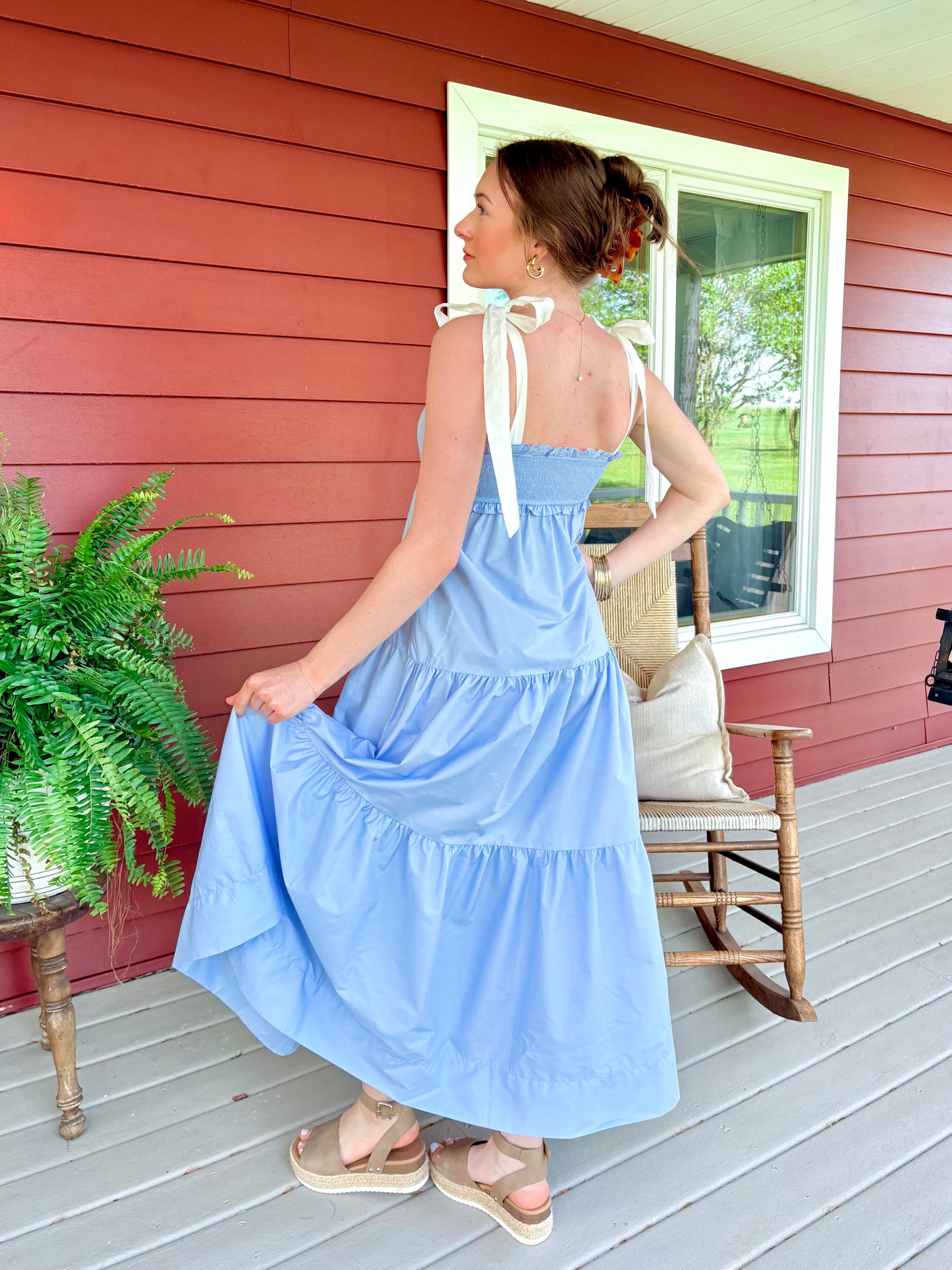 Lindy Tie Maxi Dress | Light Blue & Cream