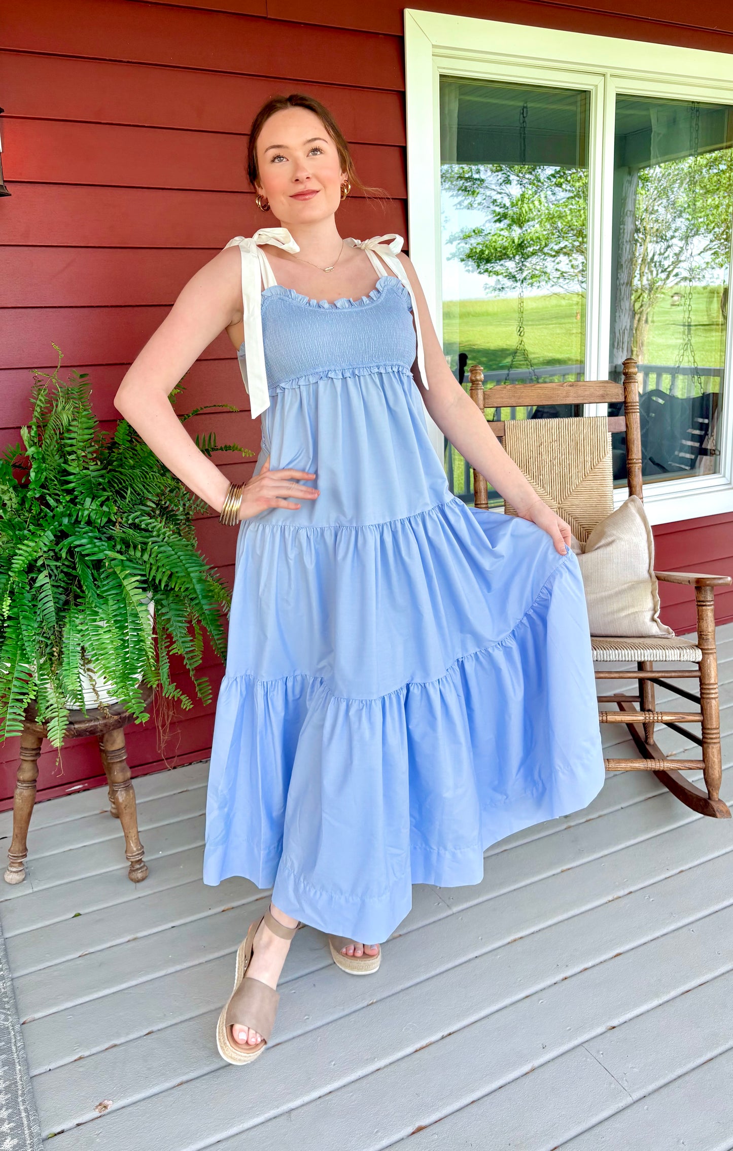 Lindy Tie Maxi Dress | Light Blue & Cream