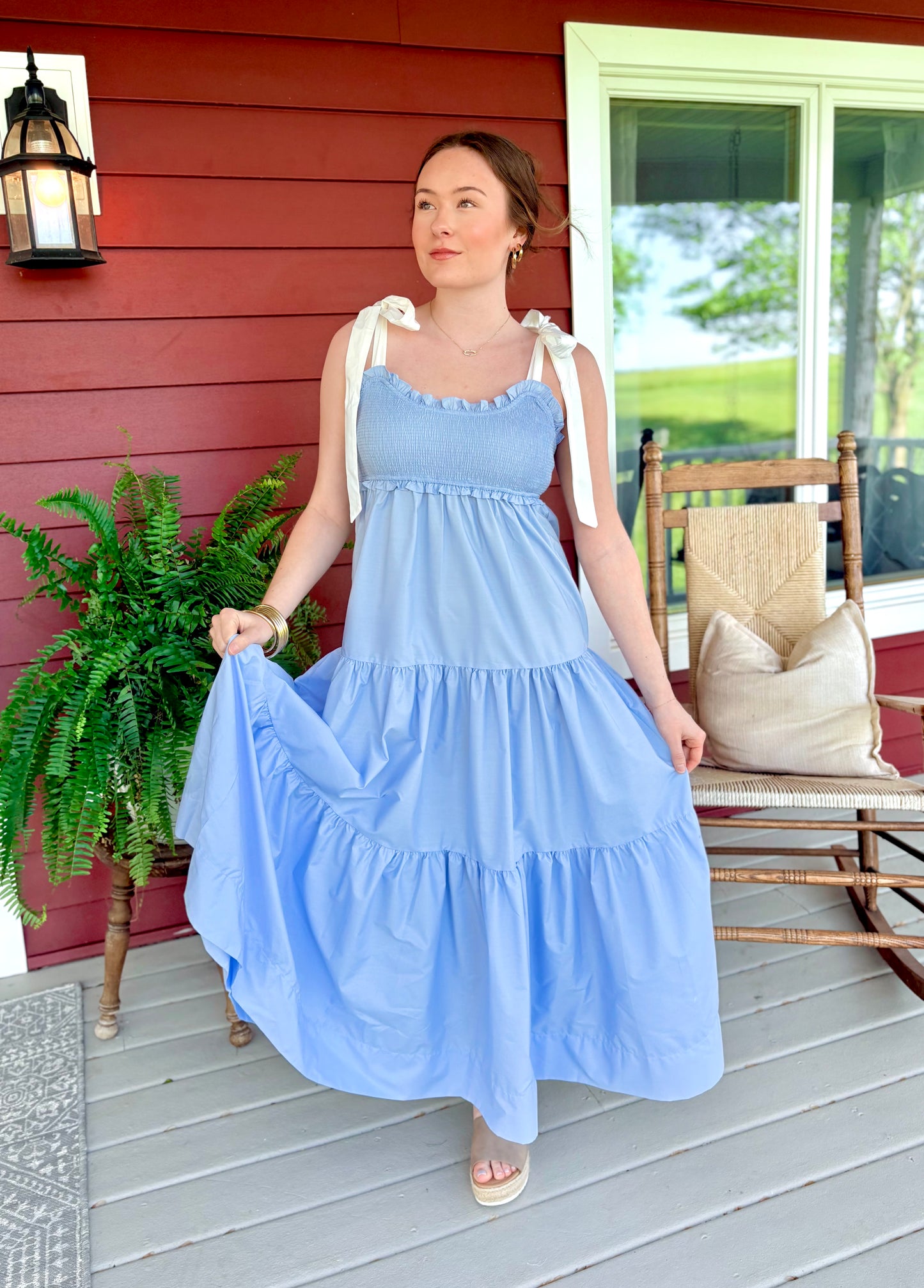 Lindy Tie Maxi Dress | Light Blue & Cream