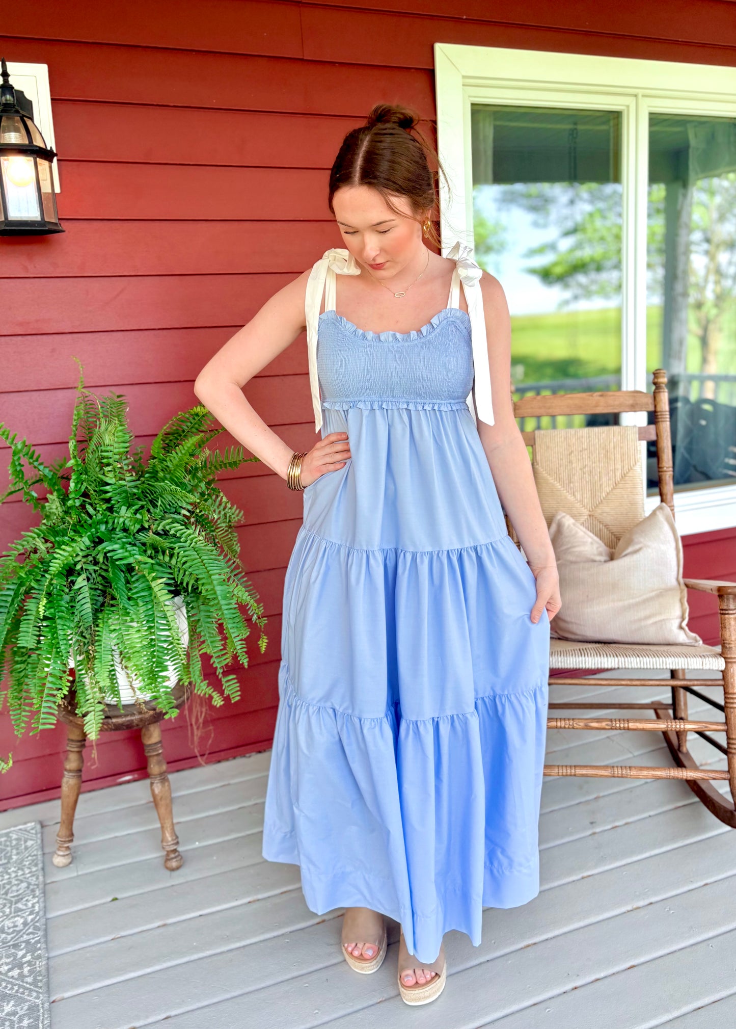 Lindy Tie Maxi Dress | Light Blue & Cream
